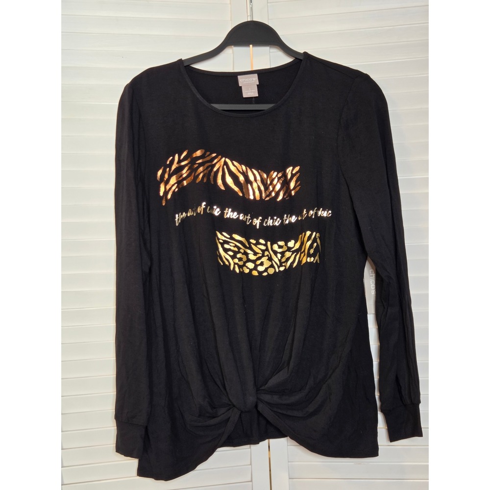 Chicos Zenergy Animal Foil Tee Size 1 M 8 10 Black Gold Leopard Zebra Knot Front